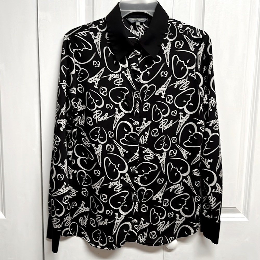 Catherine Malandrino Black Gray Paris Print Long Sleeve Collar Top Size S